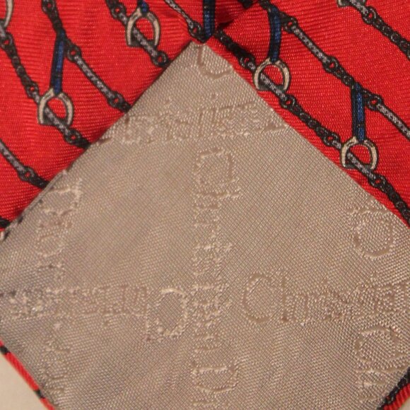 DIOR Italian Red Silk Tie with Equestrian Stirrup print VTG - Picture 5 of 5